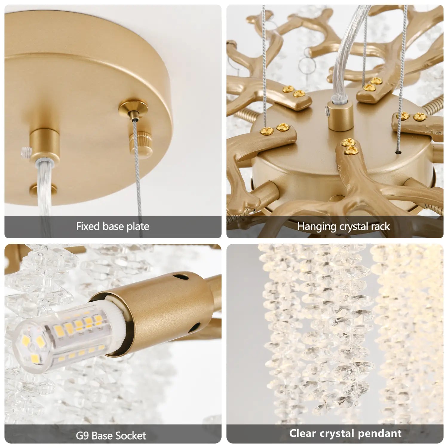 24 inch gold crystal waterfall pendant light featuring a gold-toned chandelier with a tree-like metal frame and cascading clear crystal pendants.
