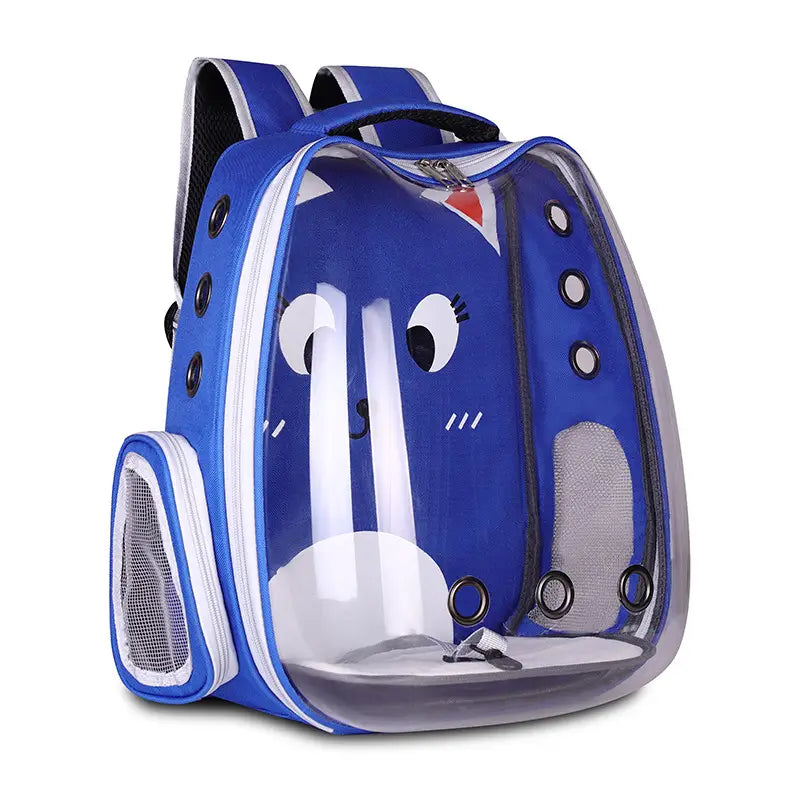 Blue transparent breathable cat backpack carrier made of transparent material with a cartoon cat face design and mesh ventilation panels.