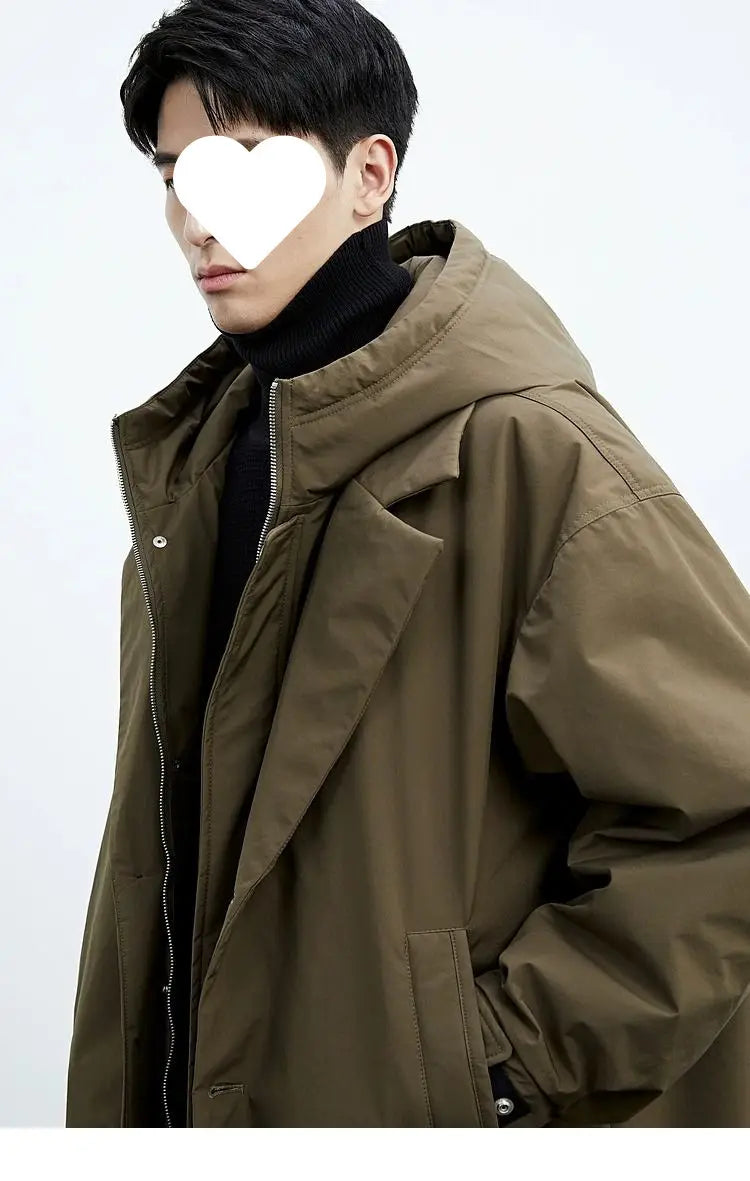 Men hooded trench coat false two piece winter jacket in olive green with hooded parka design, matte finish, and visible stitching details.