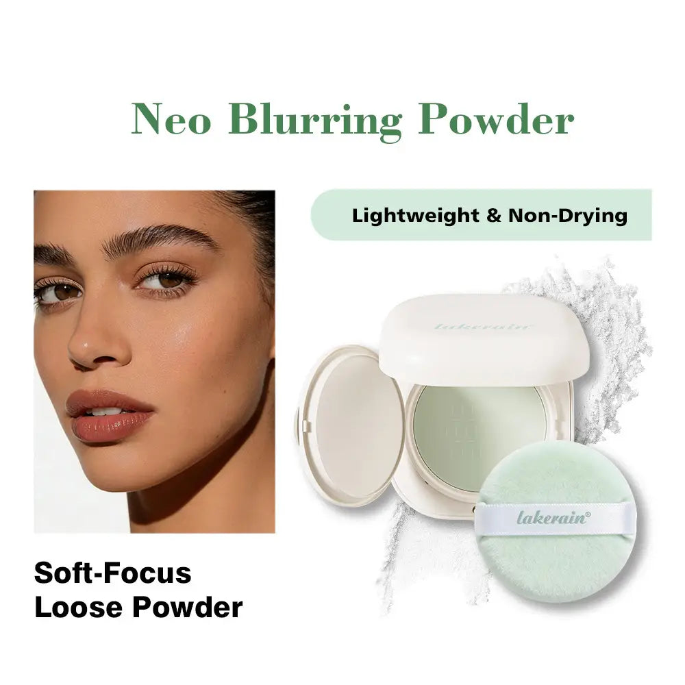 poudre libre Lakerain Neo à effet de flou doux et de floutage, dans un compact blanc épuré, avec une houppe vert menthe clair, conçue pour une application légère de fixation sans effet asséchant.