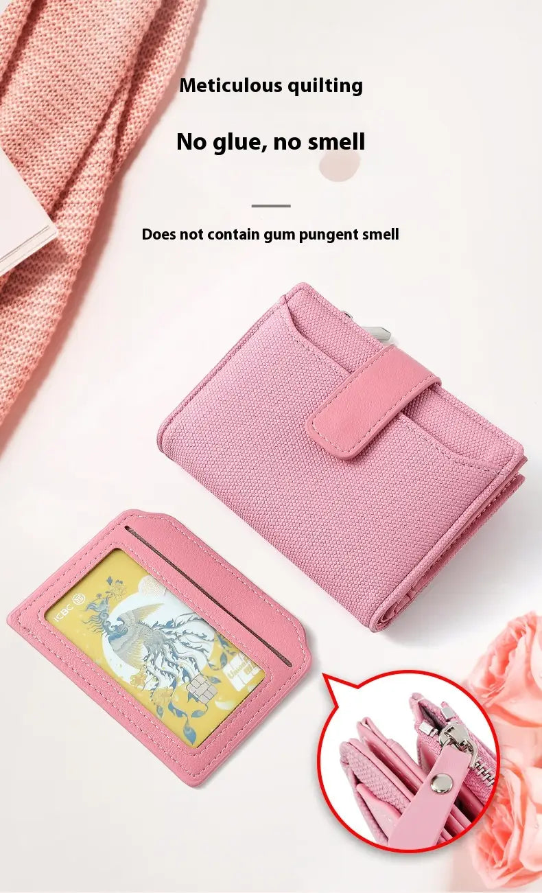 Pink woven fabric leather wallet for women with a matching pink leather flap and zipper closure featuring a short woven textured design.