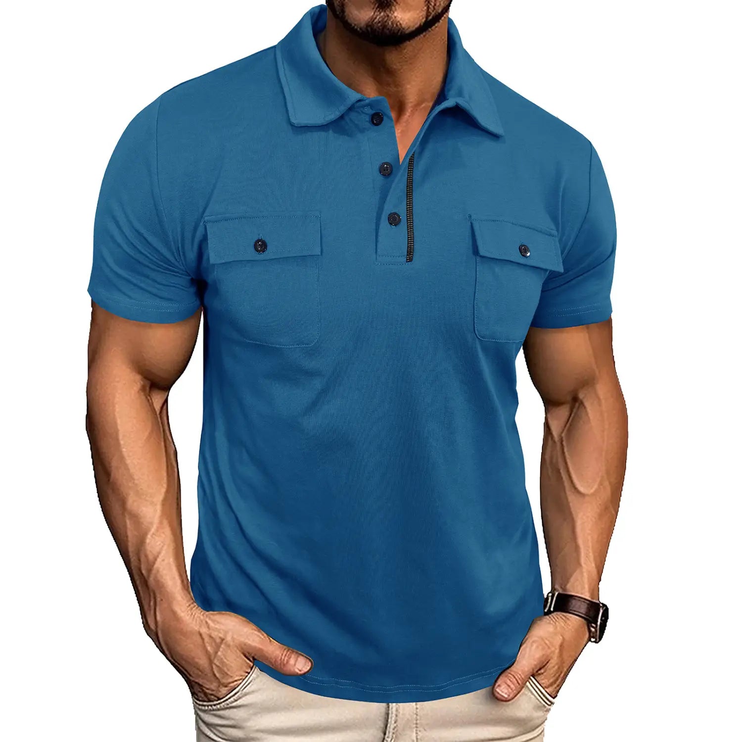Men’s blue short sleeve cotton blend polo shirt featuring dual chest pockets and black buttons.