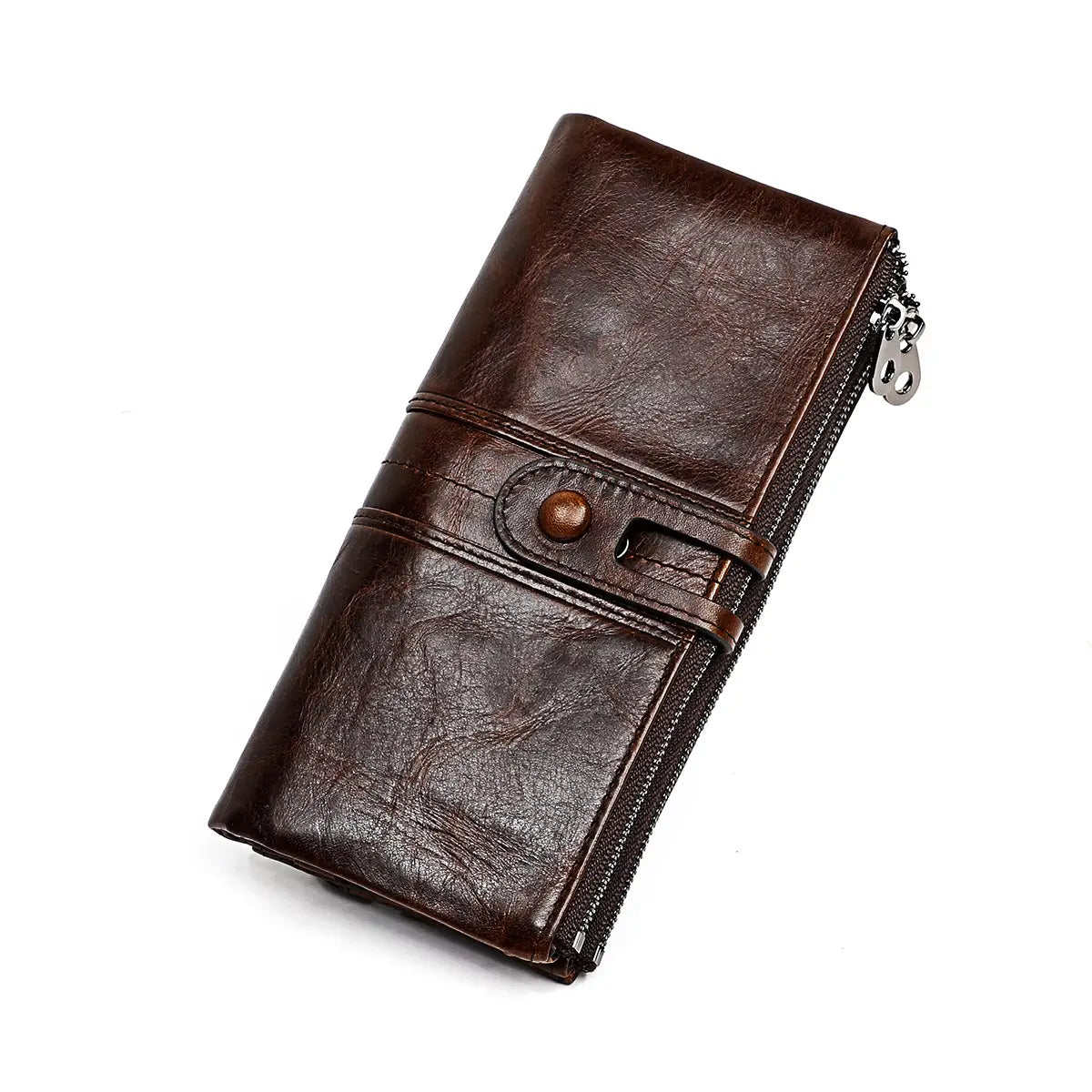 A dark brown first layer cowhide leather zipper tri-fold wallet with textured leather, a zipper closure, and a metal button fastening.