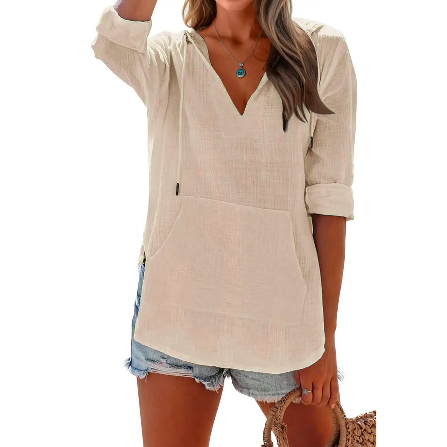 beige cotton linen women v neck hoodie-style pullover with rolled sleeves and a front pocket