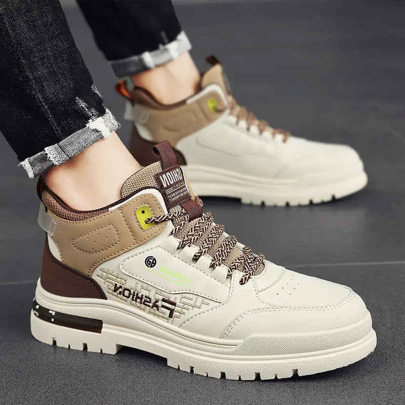 men’s high-top chunky elevator sneakers xb13 in white and tan with brown accents textured laces and a chunky sole featuring branding details