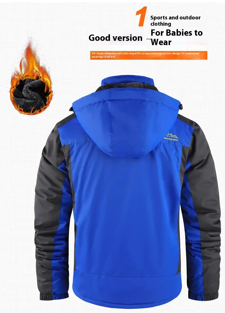Herren-Fleece-gefütterte Winterjacke, dicke Baumwolljacke, in Blau und Schwarz mit isolierter Kapuze für den Outdoor-Einsatz