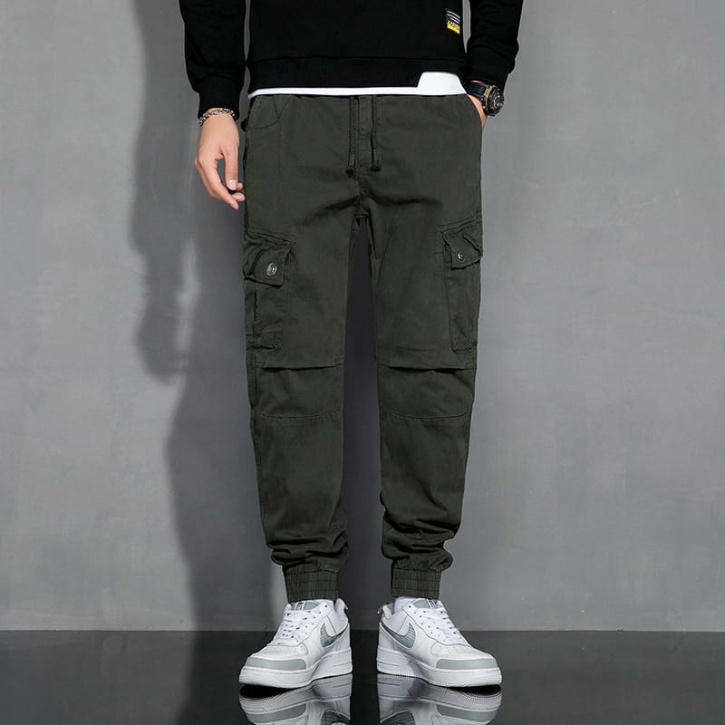 dark olive Japanese retro multipocket casual cargo trousers featuring a drawstring waist and multiple pockets for practical use.