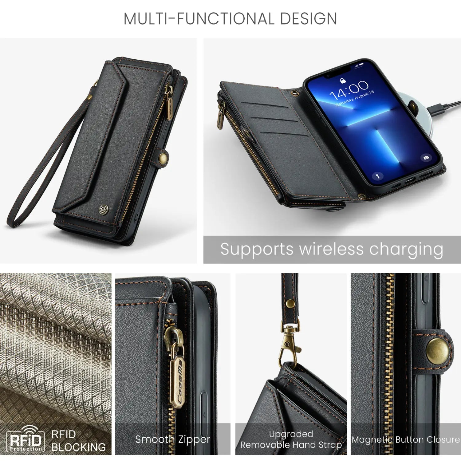 Black leather wallet phone case with removable wrist strap magnetic closure and rfid blocking technology.
