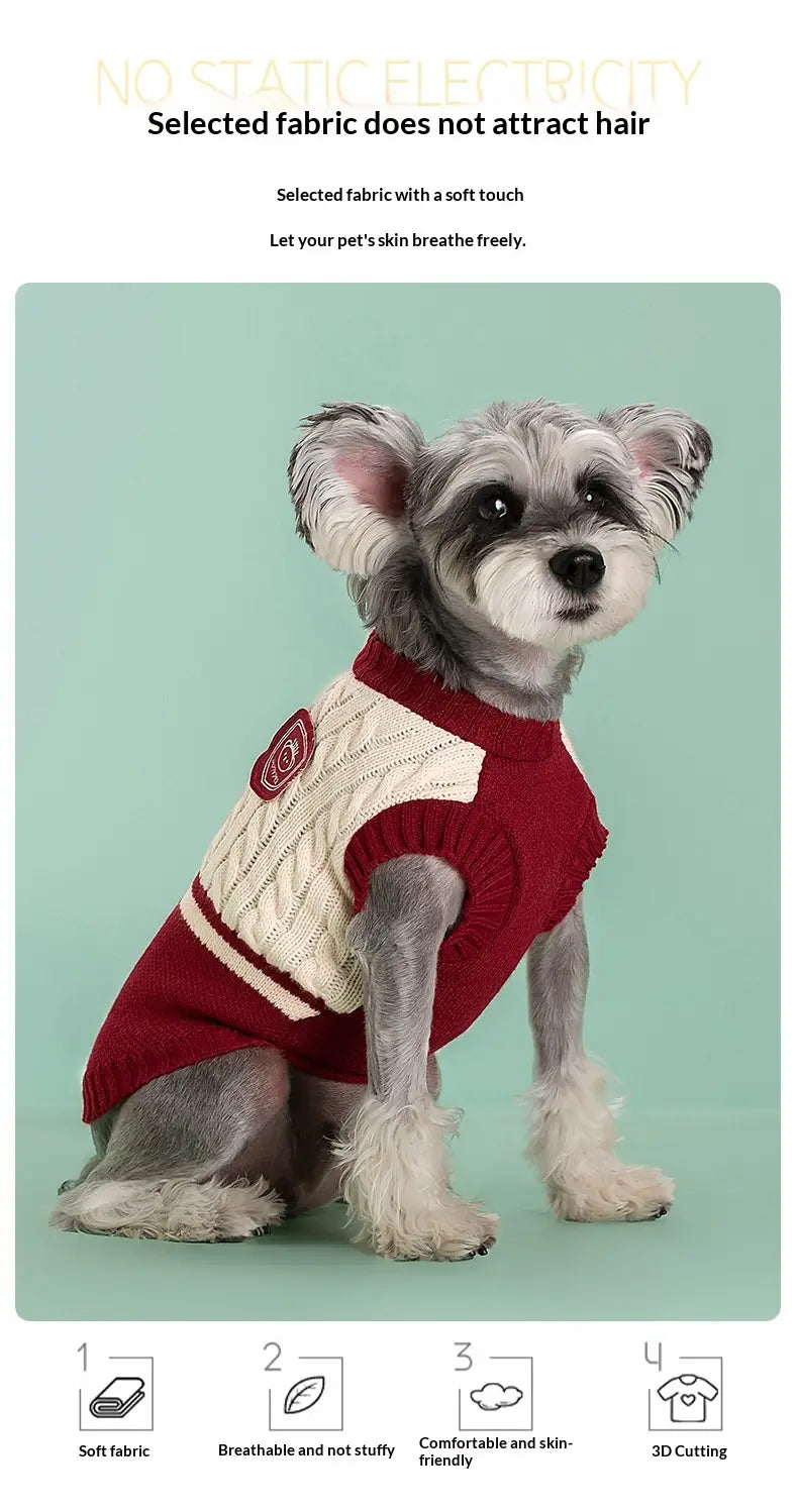 Rote und cremefarbene Hundepulloverweste mit Zopfmuster und bestickter Rosen-Detailierung, entworfen als warme Schuluniform-Tierbekleidung.