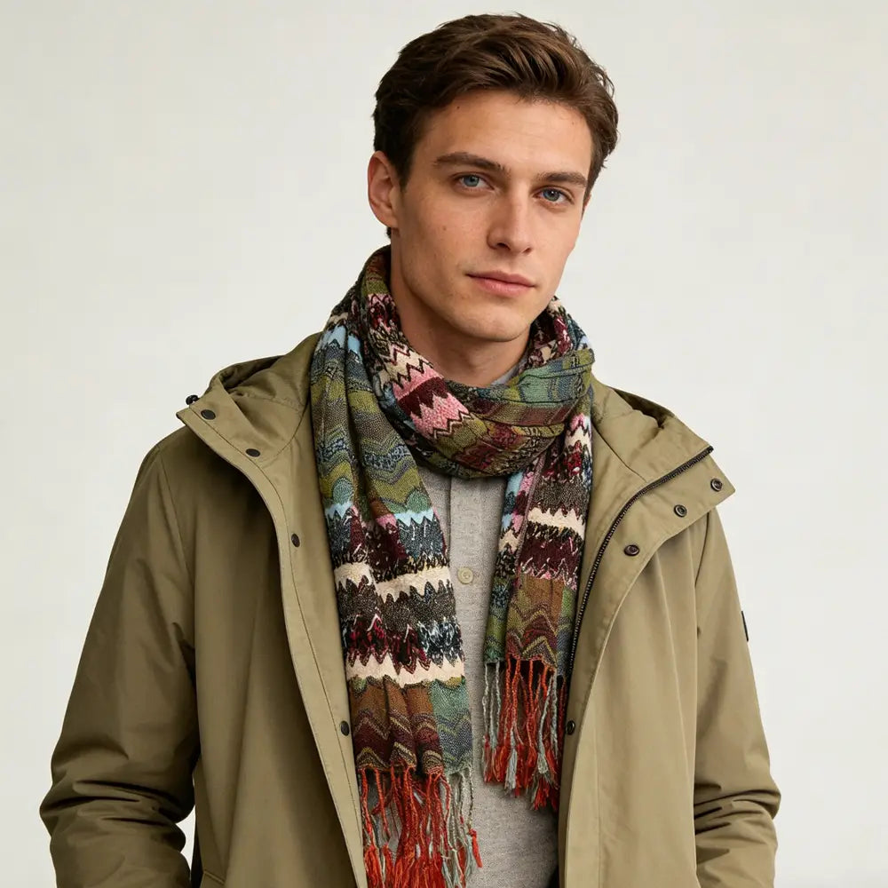 Écharpe en tricot géométrique tissé multicolore avec franges rouges, adaptée au port élégant par temps froid.