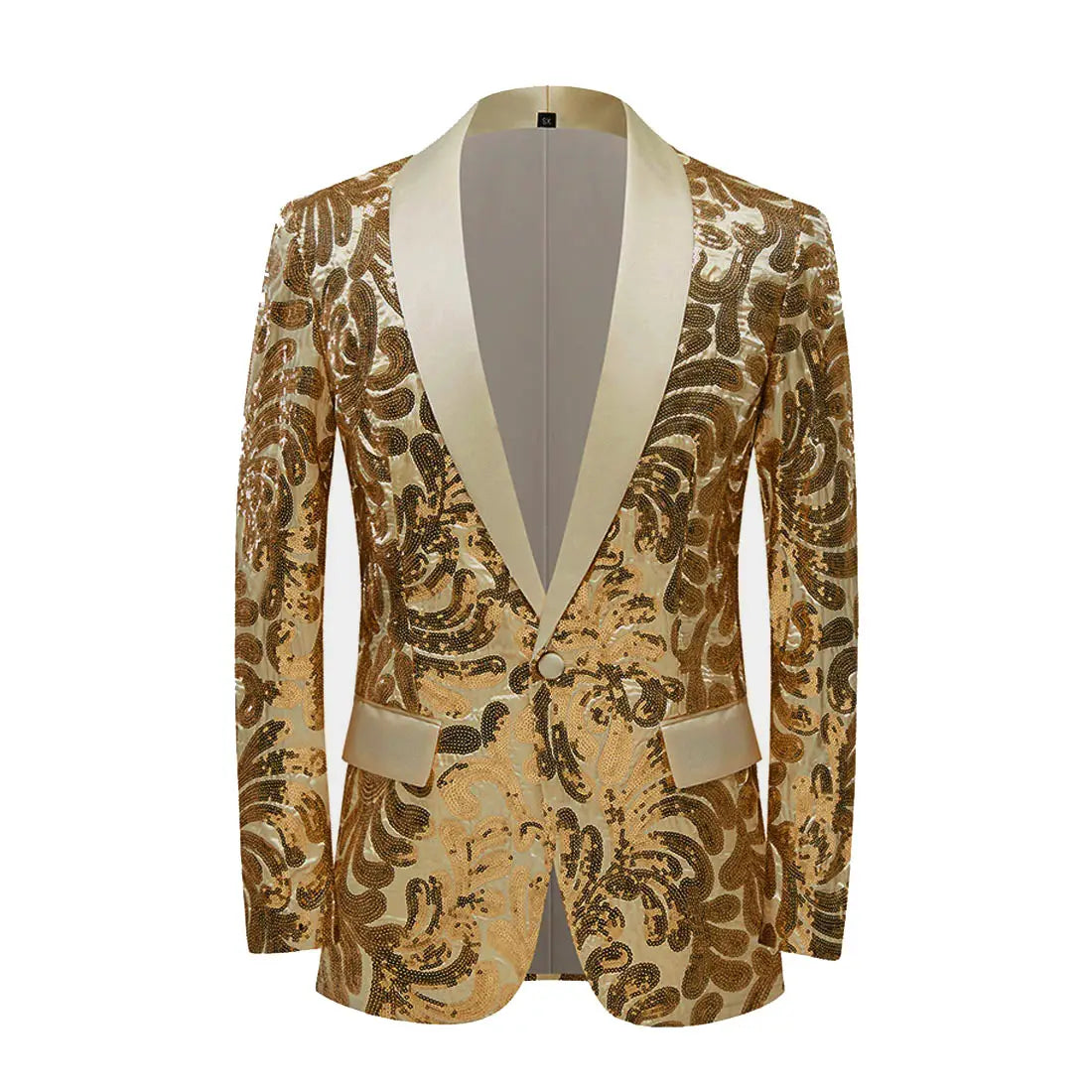 Gold sequin mens suit jacket featuring a shimmering gold sequined blazer with an elegant cream satin lapel and matching pocket flaps.