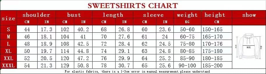 Sweat-shirt à capuche zippé imprimé graphique dans les couleurs rouge et blanc, avec un tableau des tailles précisant l’épaule, la poitrine, la longueur, la manche, le poids, la taille, et les mesures à afficher.