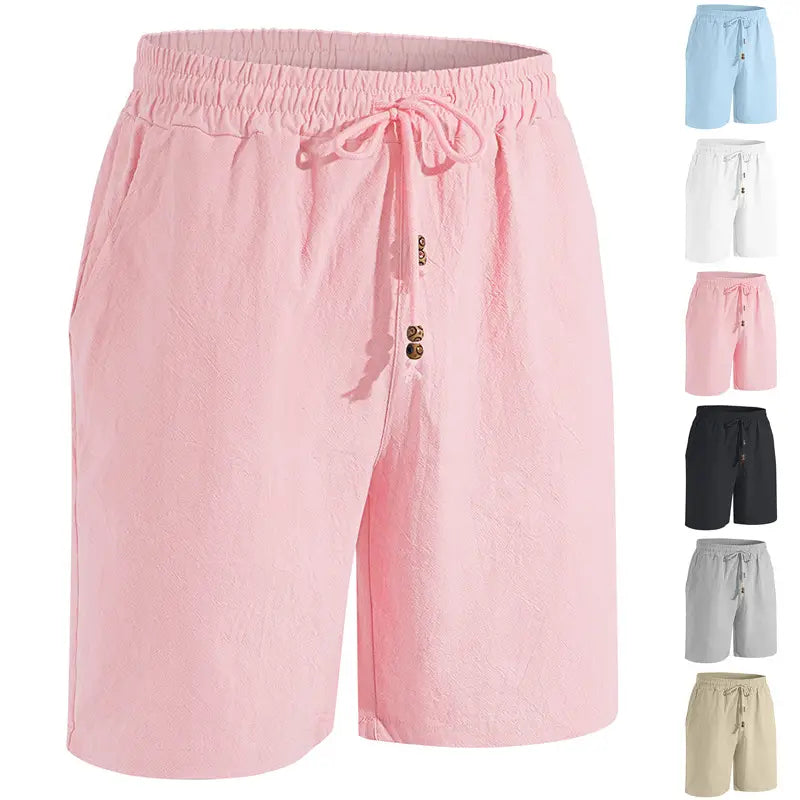 mens cotton linen drawstring shorts in pink linen featuring an elastic waistband and decorative buttons down the front.