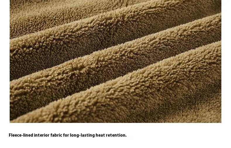 Men cotton shearling bomber jacket tan plush fleece lined fabric with soft textured surface for warmth and comfort