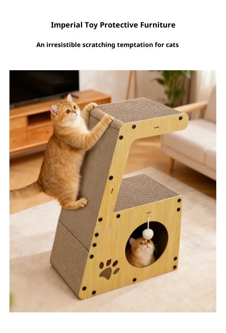 Hell geholzter Kratzbaum-Bett für Katzen mit einer strukturierten grauen Sisaloberfläche mit Pfotenabdruck-Design sowie integriertem kreisförmigem Versteck-Tunnel mit Pompon.