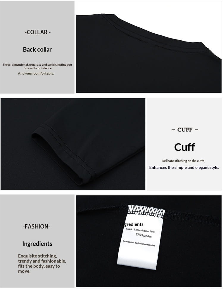 Camiseta de manga larga y cuello redondo tipo crew sólida en color negro, confeccionada con un 87% de fibra de poliéster y un 13% de elastano, con cuello trasero tridimensional y costuras delicadas en las trabillas que se aprecian desde el lado posterior.