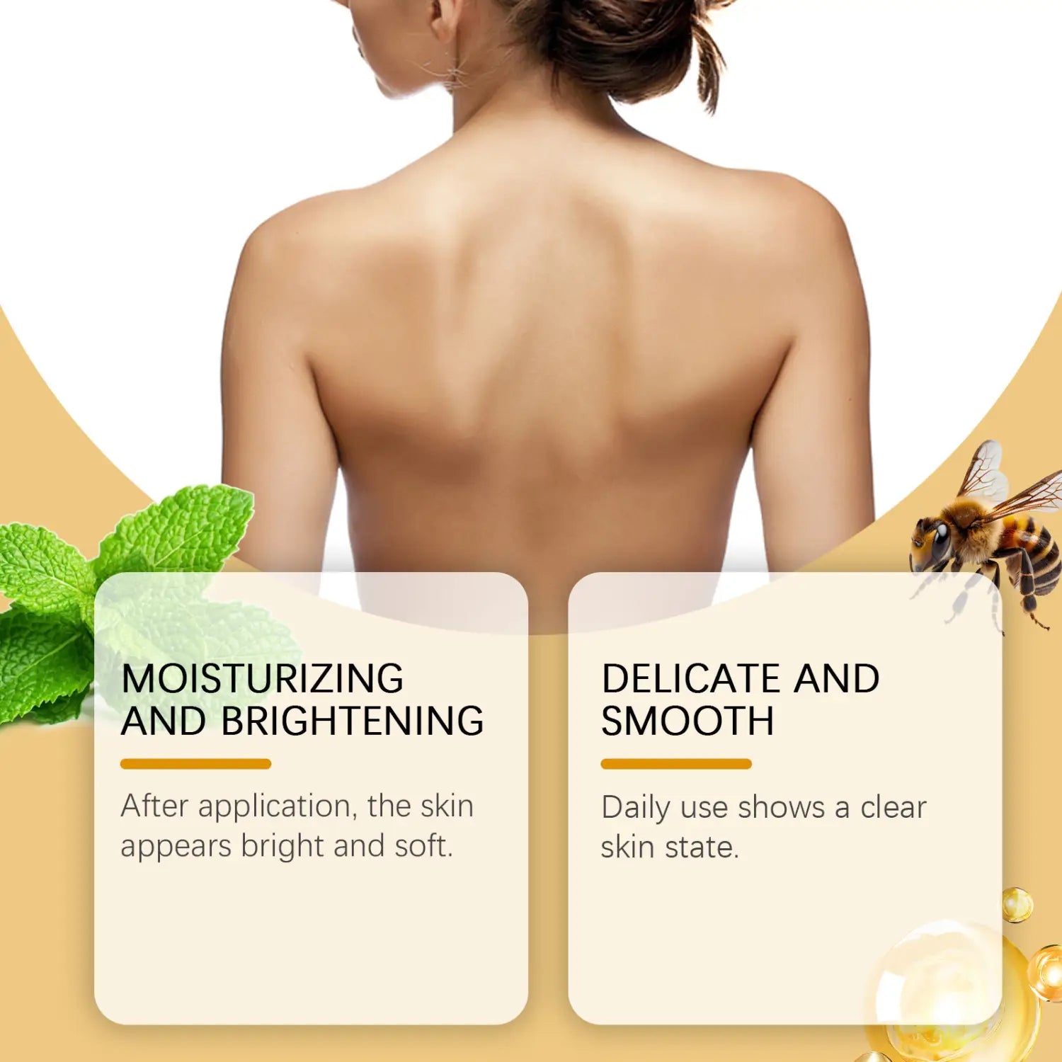 A woman’s back with smooth moisturized skin demonstrating the effects of bee venom skin regeneration cream for neck and face care.