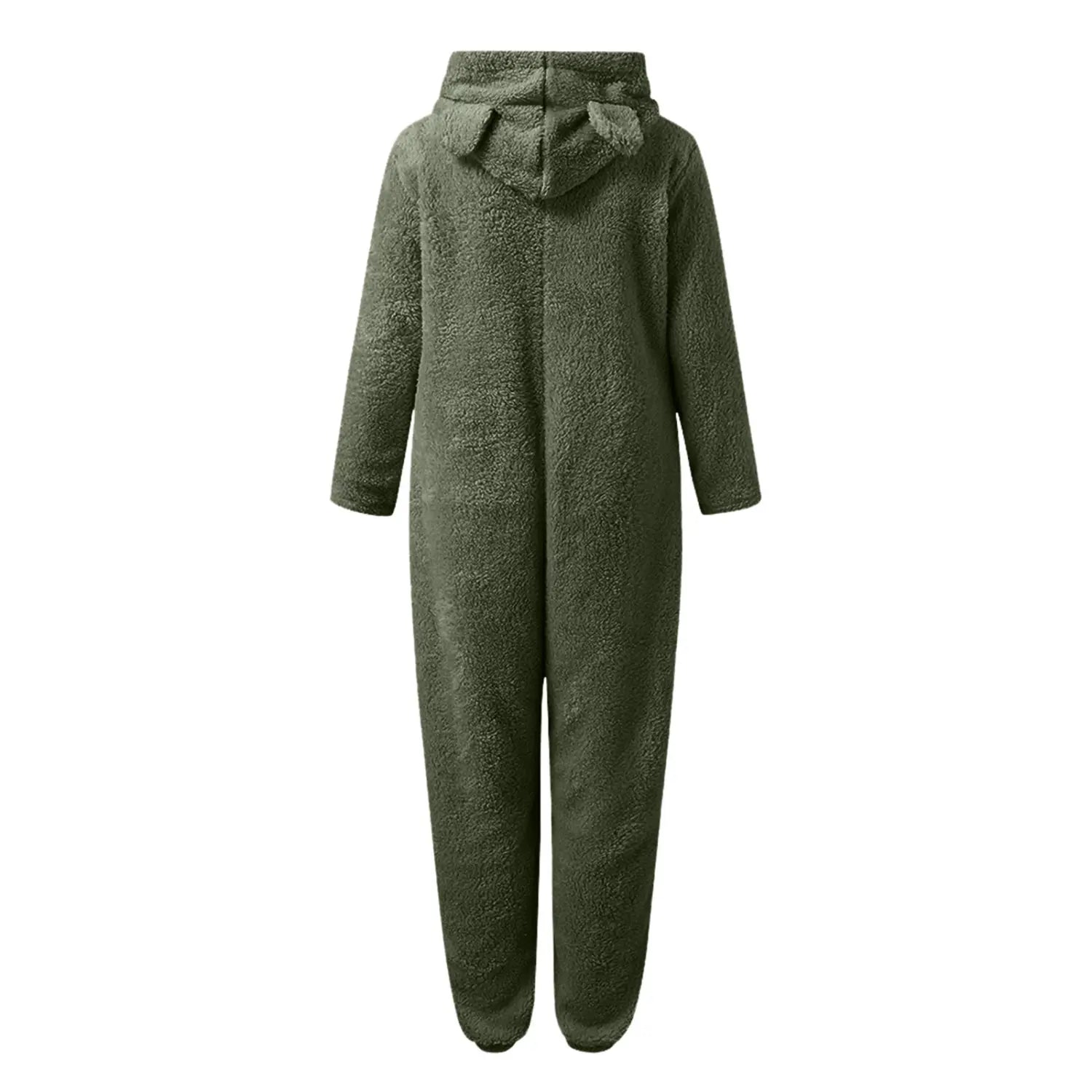 Pijamas tipo mono de forro polar suave verde oliva con capucha con orejas de gato, con tejido suave y detalles de orejas incorporados en la capucha.