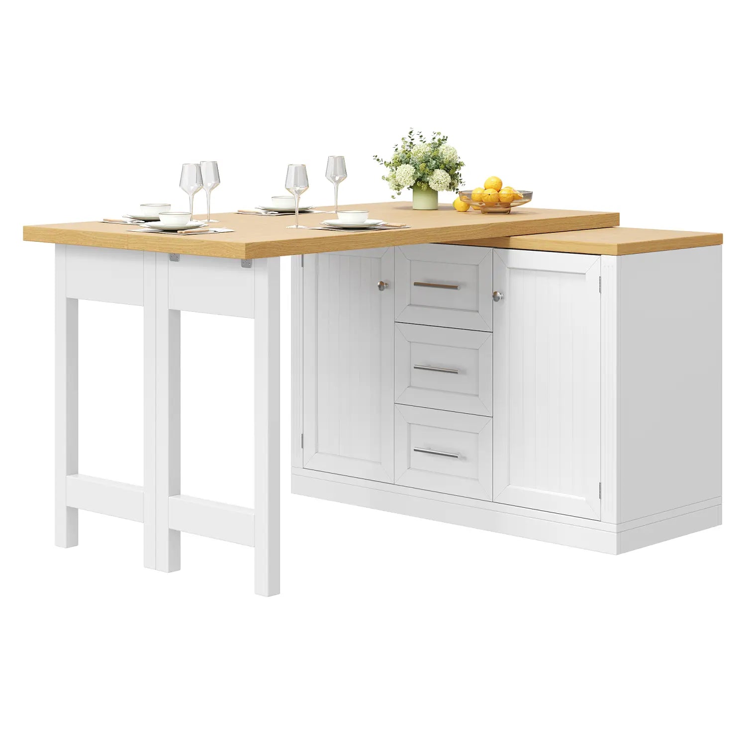 White and light wood corner kitchen island with a fold-down table surface and storage designed as an extendable kitchen island dining table.
