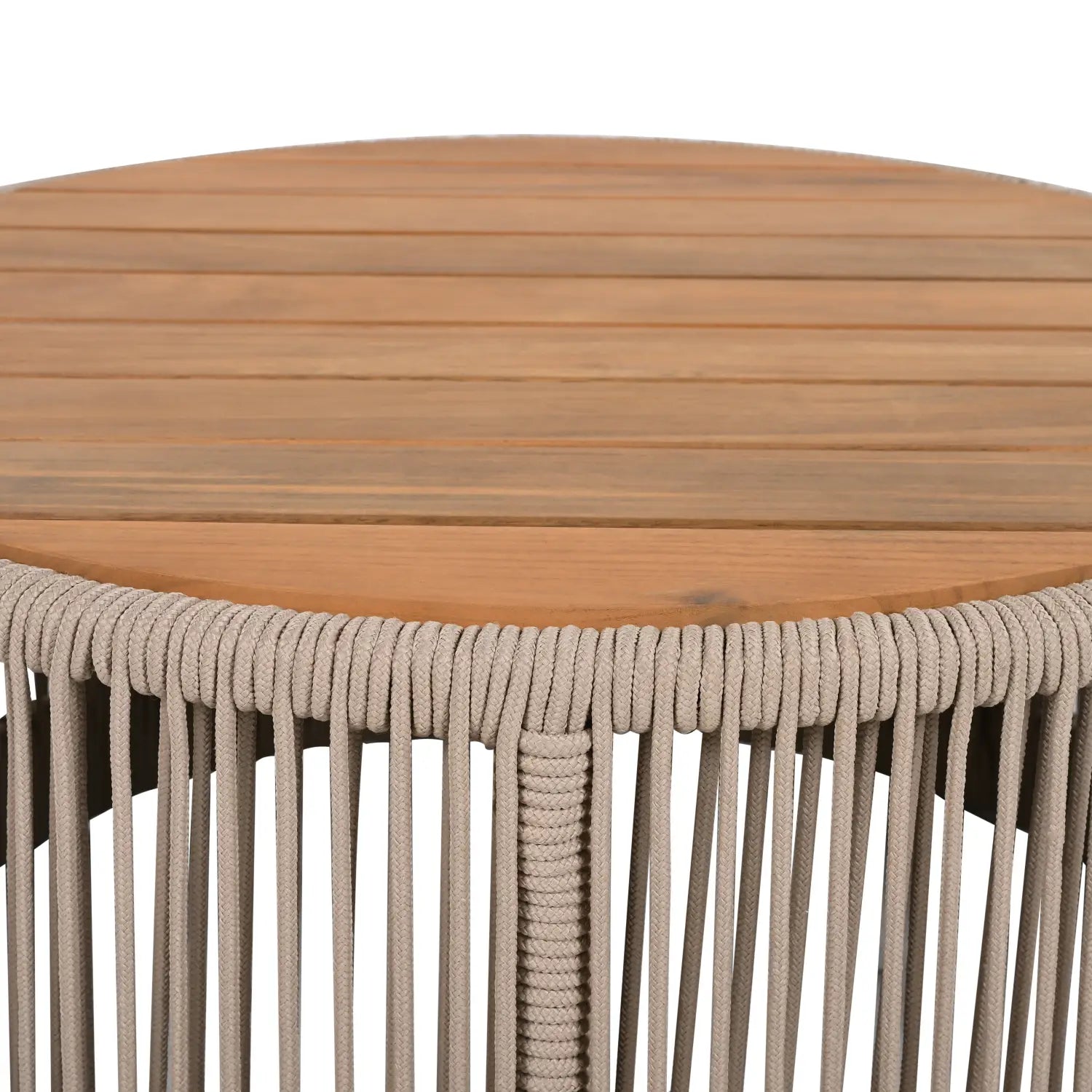Rustic industrial round outdoor table with a light brown teak wood top and a beige woven rope base for coffee or side use.