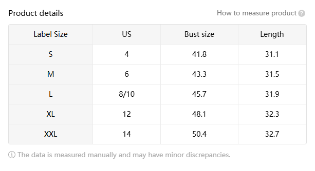 the product details table for the floral boho off shoulder ruffle mini dress displays size conversions for bust and length measurements from size s to xxl.