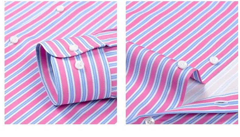 Camisa de vestir abotonada de manga larga a rayas con rayas rosa y azul claro, botones blancos.