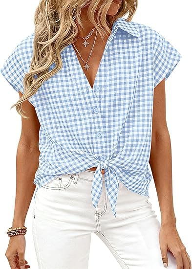 light blue and white gingham plaid button up blouse with short sleeves and a knotted front detail