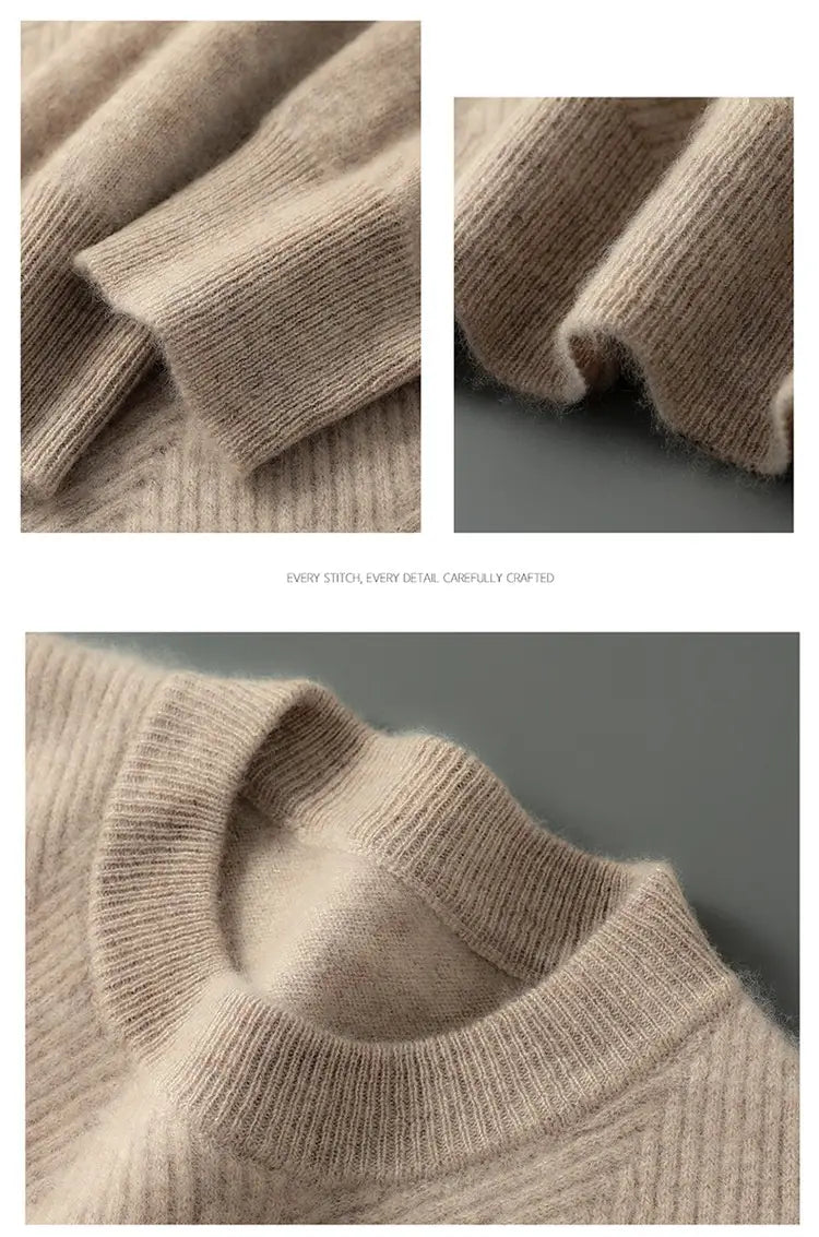 Men’s herringbone knit cashmere pullover sweater in beige with a ribbed knit and soft plush texture featuring a classic crew neckline.
