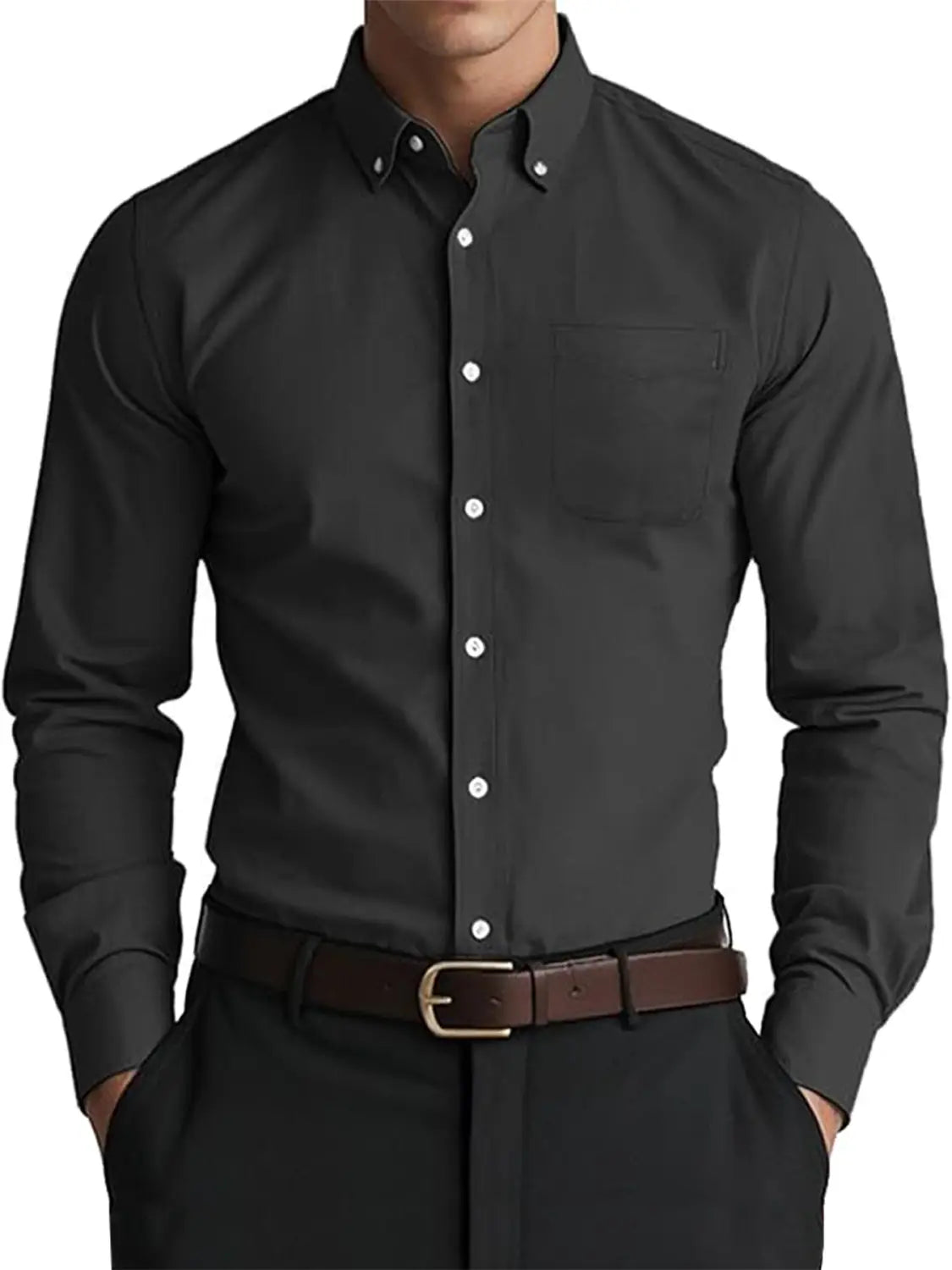 Schwarzes Herren-Oxford-Freizeithemd mit weißen Knöpfen und Brusttasche aus Baumwoll-Mischgewebe in reiner Qualität.
