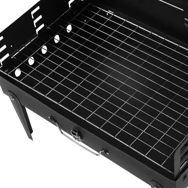 Black portable charcoal grill 44cm with a metal grilling rack handle and folding square steel design for bbq use