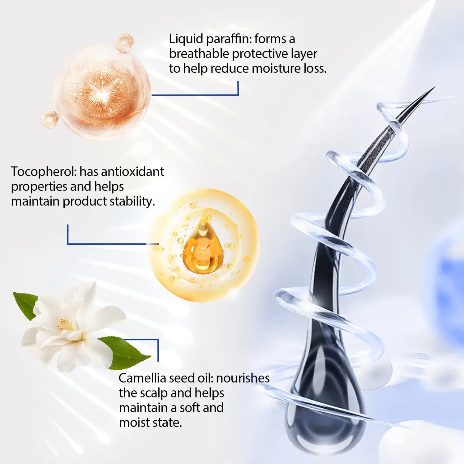Eine elegante schwarze Haarsträhne mit glänzendem Finish ist dargestellt, mit illustrierten goldenen Flüssigkeitstropfen und weißen Blumen im Produkt Kopfhaut-Kühlpflege-Haarampullen-Nährspray 60 ml.