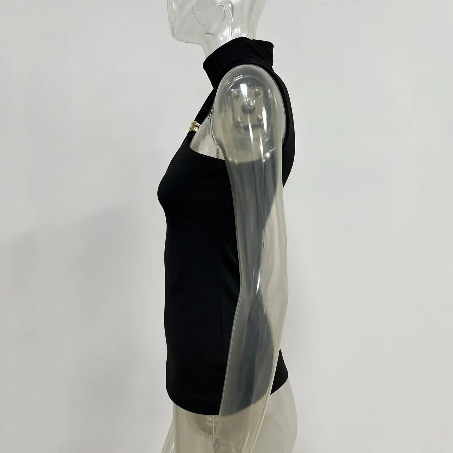 Black gold ring halter stretch top featuring a high-neck sleeveless design with a sleek form-fitting silhouette.
