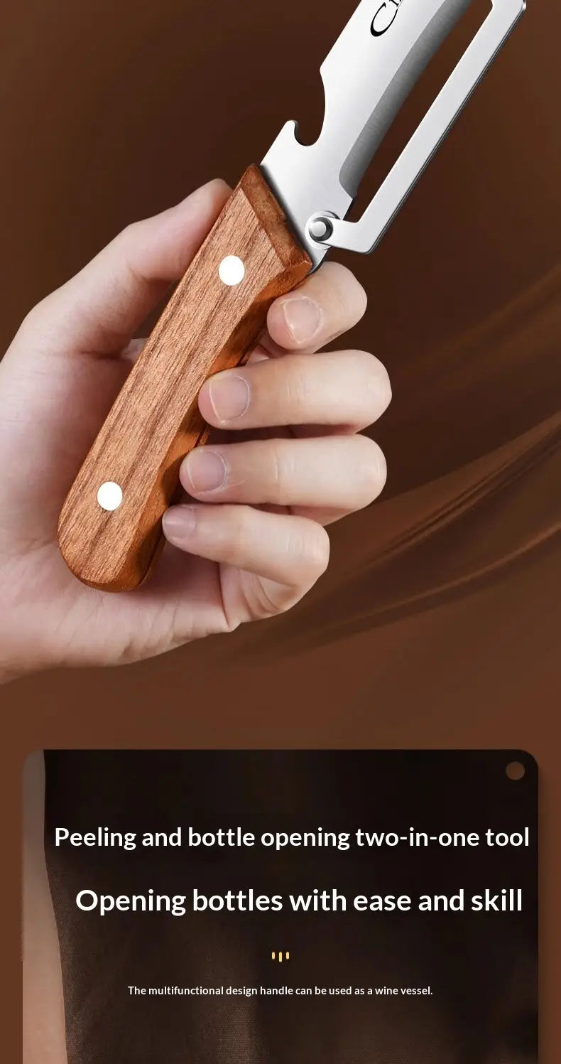 A sleek stainless steel vegetable peeler with a warm polished wooden handle designed for efficient peeling tasks.