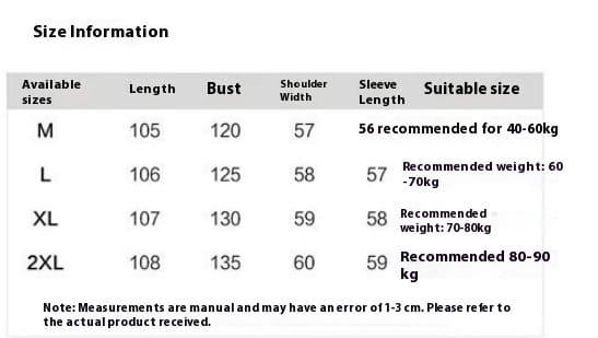 The size chart for the women long hooded puffer coat details measurements for length bust shoulder width and sleeve length across sizes M to 2XL with recommended weight ranges.