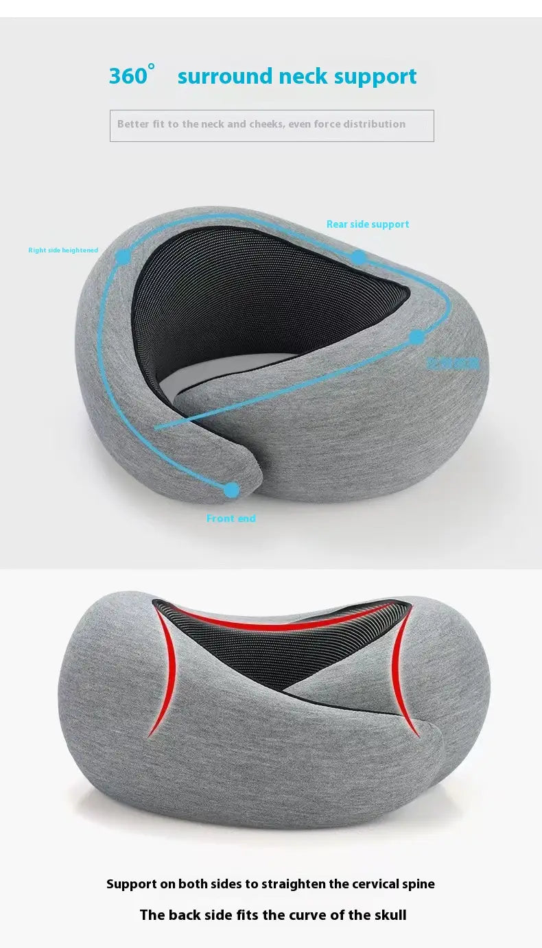 Gray memory foam travel neck pillow with 360-degree surround support featuring black mesh interior and red accent stitching.