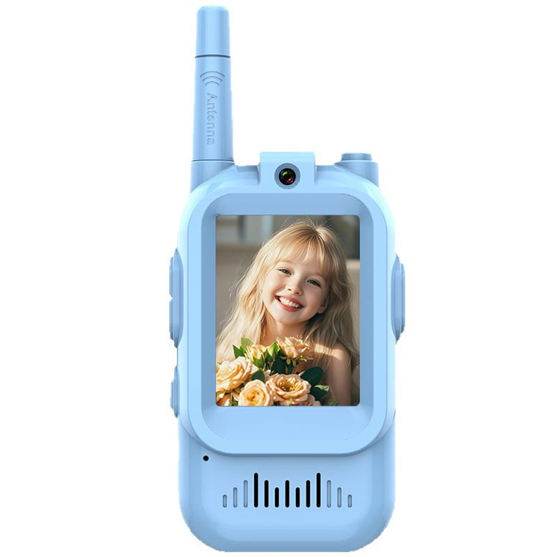 Light blue kids video walkie talkie with a built-in screen displaying a smiling girl holding roses for rechargeable intercom use.