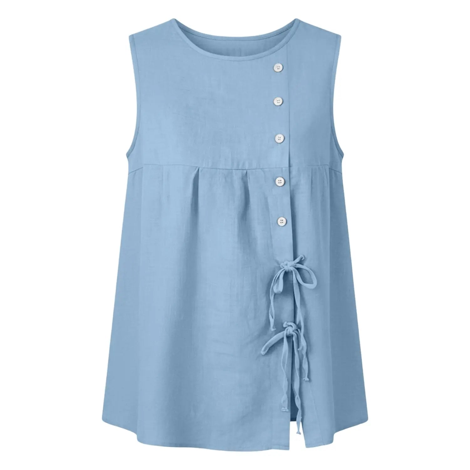 A light blue sleeveless tie side button down blouse with a round neckline and white buttons down the front featuring tied fabric details at the hem.