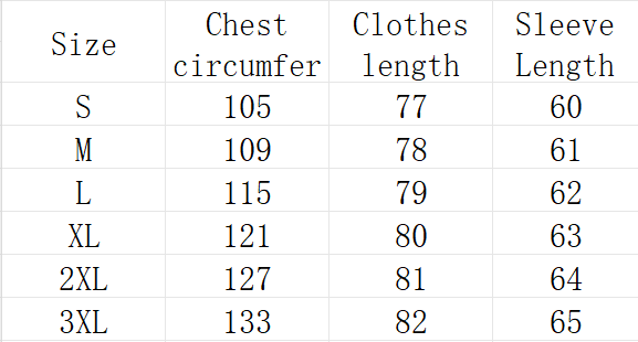 The table displays size measurements for the faux fur collar padded winter coat including chest circumference clothes length and sleeve length for sizes S through 3XL.