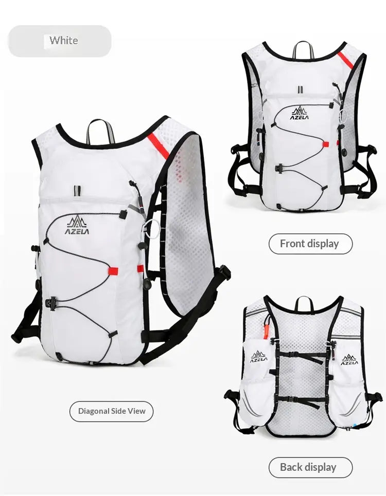 White Azela hydration pack with black straps and red accent stripes shown from the back side designed as a lightweight running vest with 20L capacity