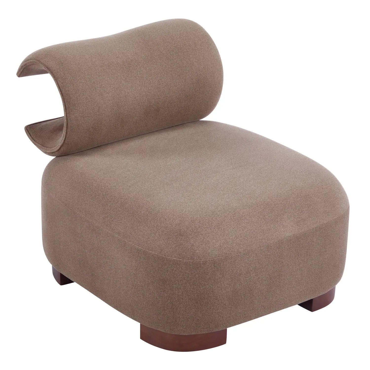 A sleek taupe-colored modern brown polyester pet friendly accent armchair with curved design and dark wooden legs.