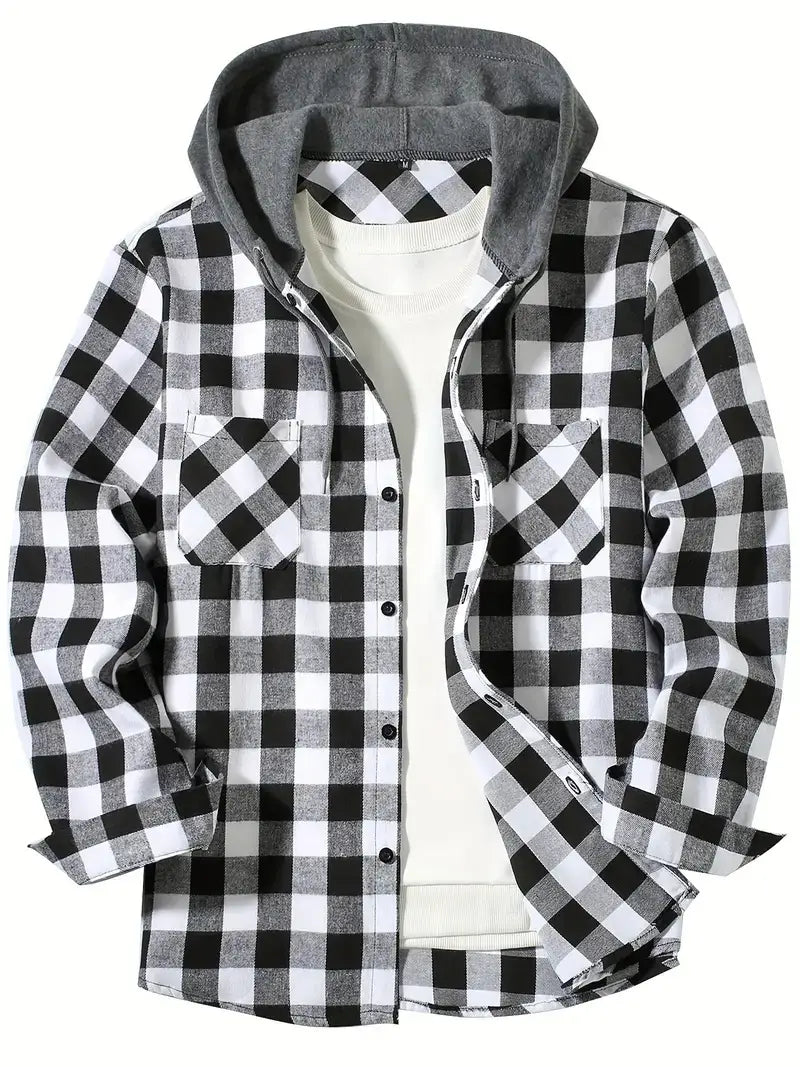 Men’s plaid hooded flannel shirt featuring a black and white checkered pattern with a gray-lined hood made from soft flannel material.