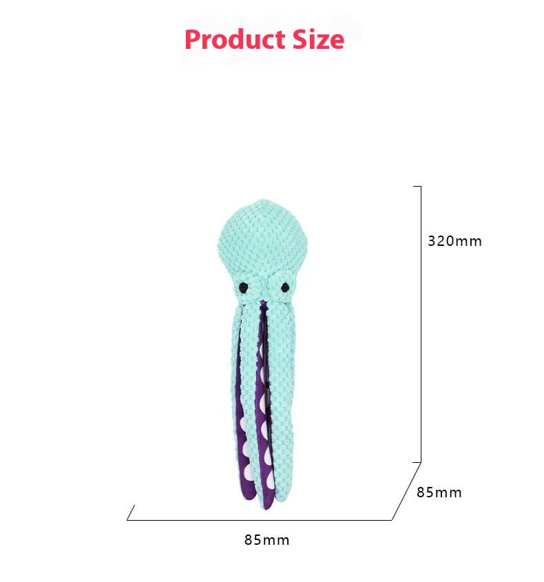 A soft light blue crocheted octopus plush pet toy with purple tentacles featuring white polka dots and textured fabric designed for squeaky play.
