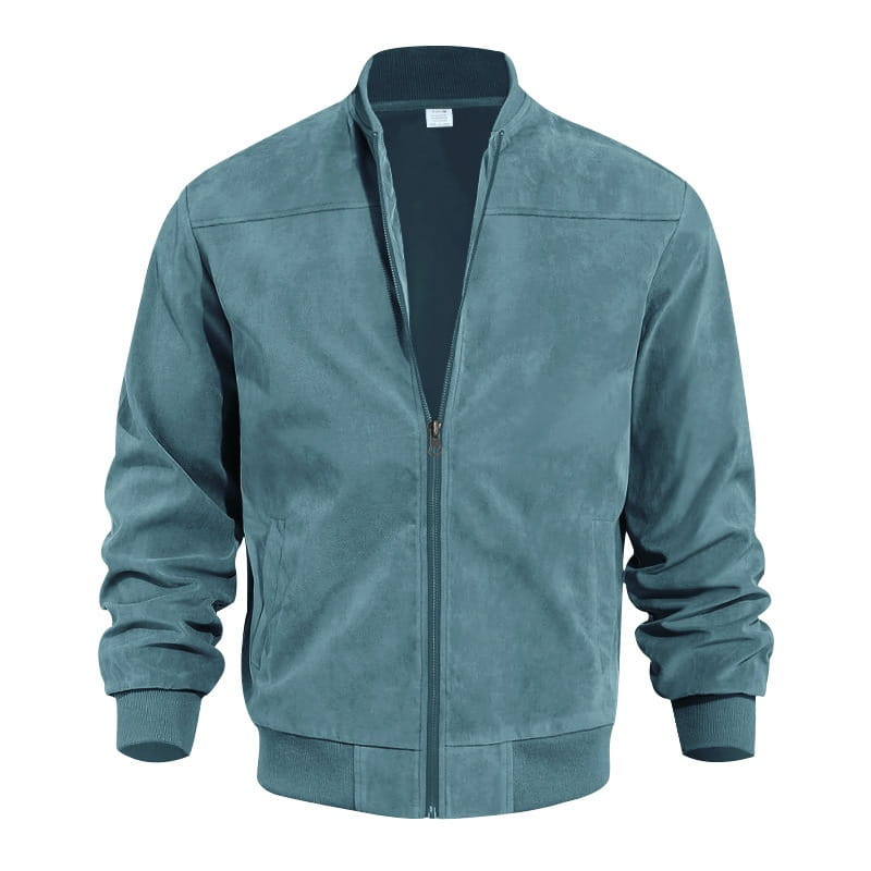 A teal suede men casual retro bomber jacket with a full-length zipper and ribbed cuffs.