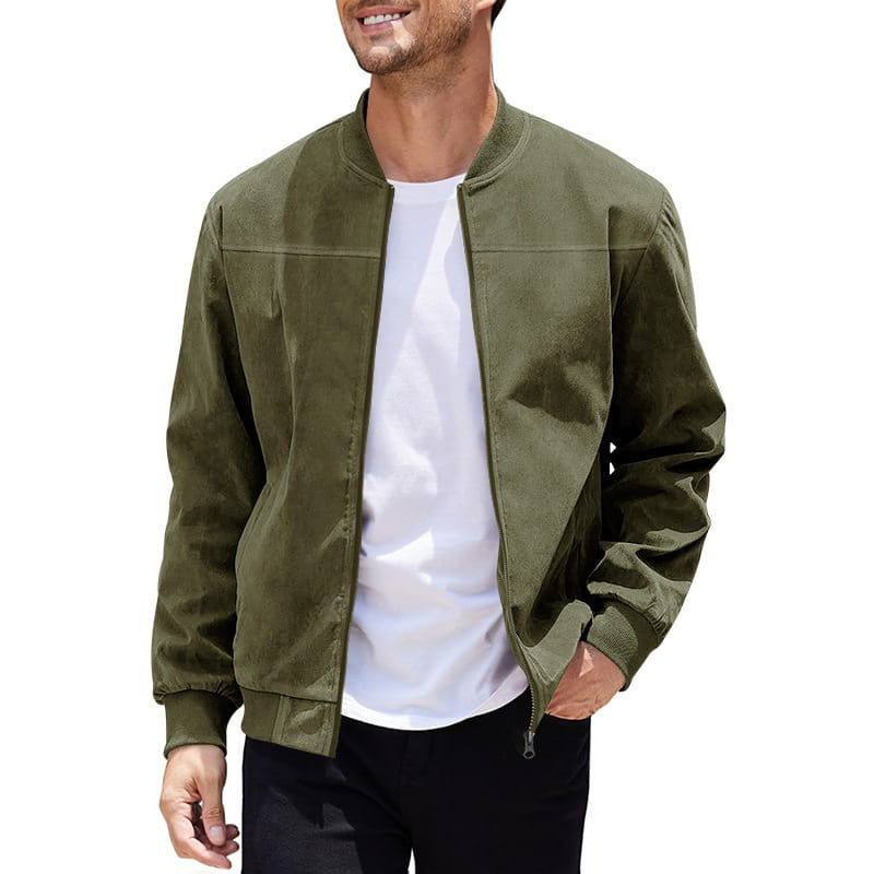 Olive green suede bomber jacket for men featuring a casual retro design.