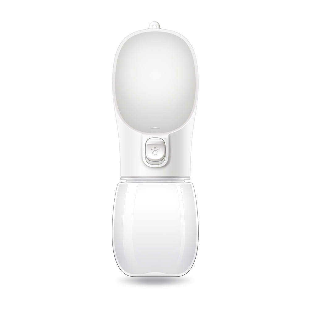 White plastic pet water bottle with a sleek ergonomic design and a paw-print button on the side for portable travel use available in 350ml and 550ml sizes.