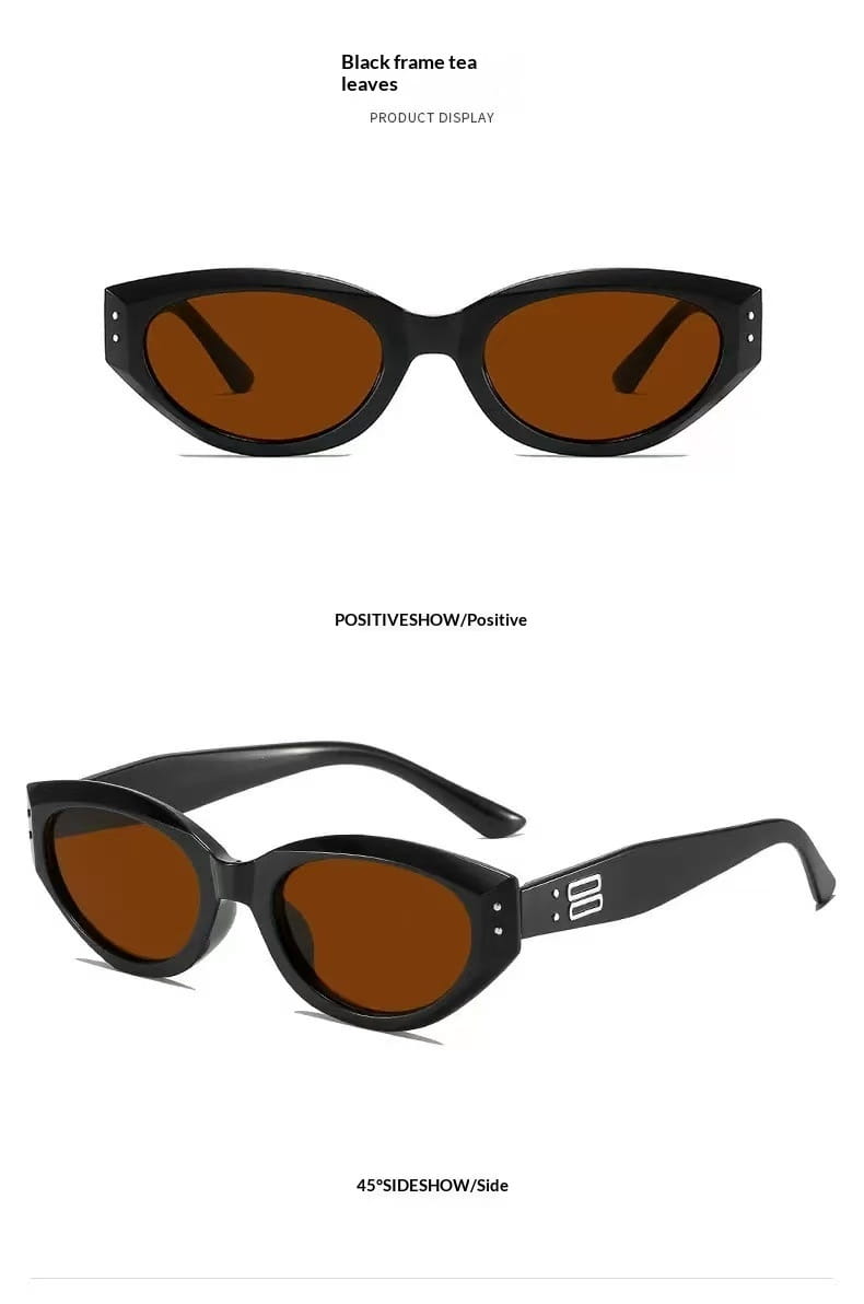 Black framed retro cat eye UV400 sunglasses with glossy modern frames and brown lenses.