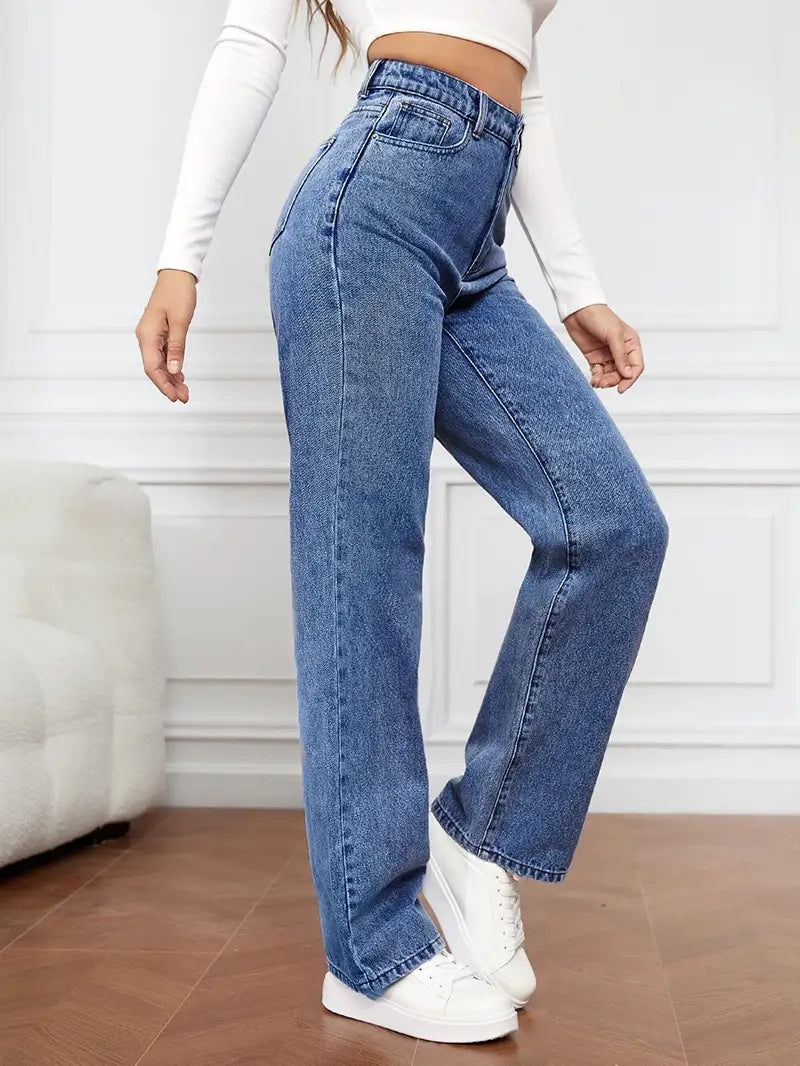 High waisted denim jeans for women in blue with a straight leg cut and frayed hems made from denim material.