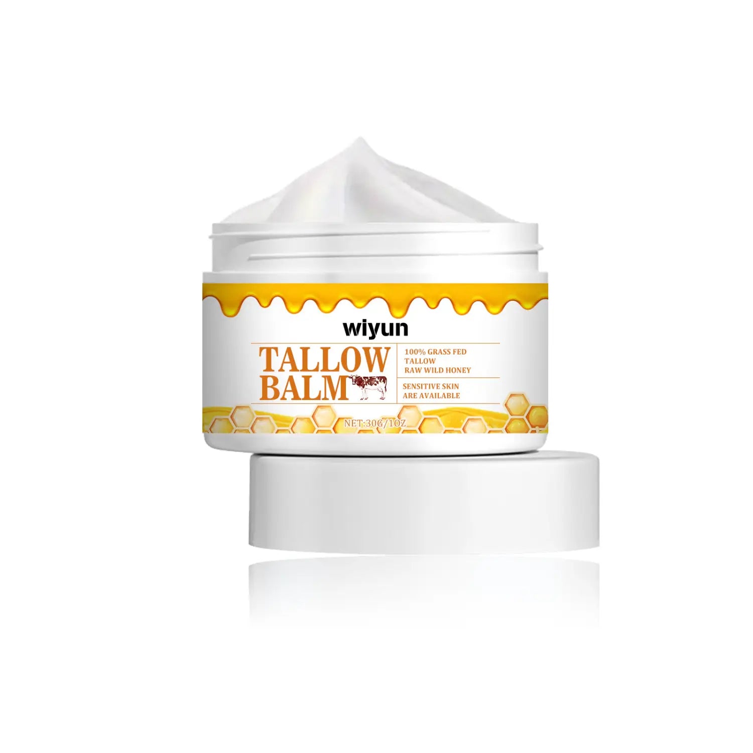 Weiße zylindrische Dose mit Wiyun-Talg-Balsam mit gelbem Honigwaben-Muster auf dem Etikett und einer Portion weißen Balsams auf der Oberseite für Talg-Balsam mit rohem Honig gegen Falten, 30 g.