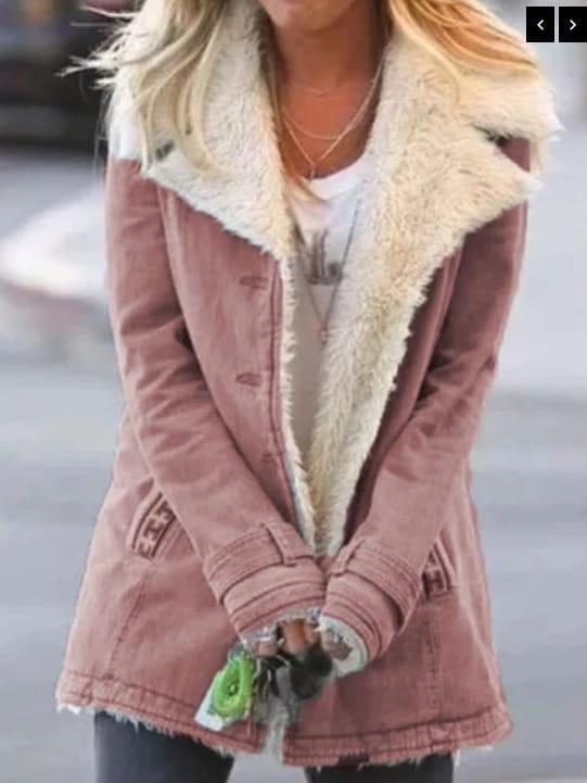 women fleece cotton padded jacket in dusty rose denim with plush cream shearling collar and frayed hem
