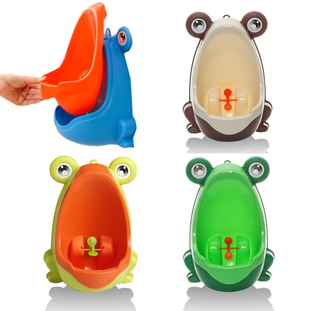 Leuchtend farbige Kunststoff-Frosch-Töpfchen-Trainingsaufsätze für die Toilette in Blau-Grün und Braun mit orangen Innenbereichen für Kinder mit einem drehbaren Windrad.